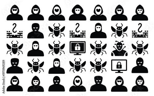 Black icons depicting hackers bugs and security threats on computers and networks symbolizing cybercrime and online safety concerns
