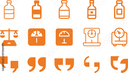 Set of orange flat medical bottles weighing scales and various quotation mark icons