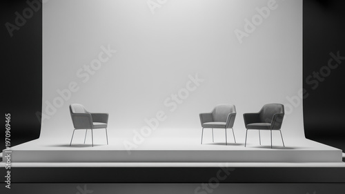 Minimalist Interior: Modern Grey Chairs on White Platform Stage Mockup