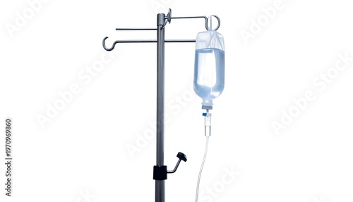 A medical intravenous drip bag hangs on a metal stand, the clear fluid ready for administration. It?s set against a clean white background