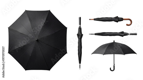 Photos Comprehensive studio shot of a black umbrella displaying an overhead view, a vertical folded profile