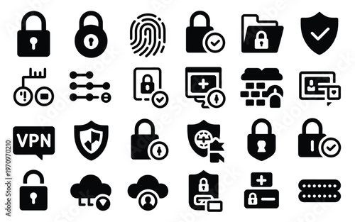 Black and white security icons set including locks shields and vpn symbols for cybersecurity concepts