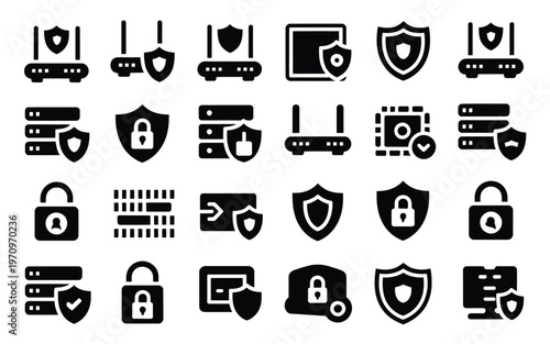 Black and white digital icons of locks shields and security symbols for cybersecurity and data protection concepts