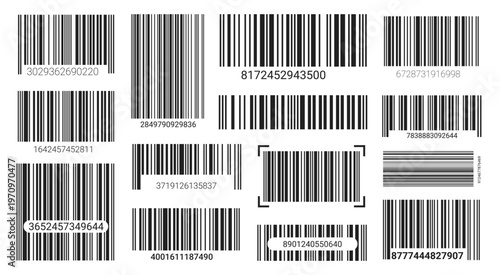 EAN-13 barcode label set with black lines on white background. Clean vector code design for product scanning, pricing, and retail inventory identification systems