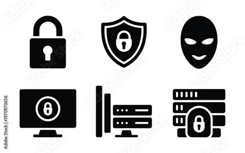 Cybersecurity icons set including lock shield hacker mask secure computer server and data storage with padlocks