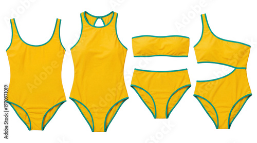 Schilderij op canvas Modern collection of yellow and teal women's swimwear styles, including one-piece, bikini, and unique designs, isolated