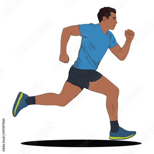 Young man in blue shirt and shorts running on white background