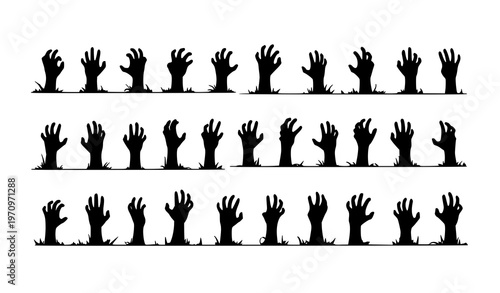 Spooky zombie hands silhouette collection with chaotic rising arms and eerie horror shapes in vector design