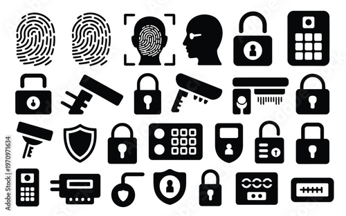 Collection of security icons featuring padlocks keys fingerprints shields and surveillance cameras in a modern black and white design