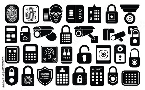 Collection of security and technology icons including padlocks surveillance cameras keypads and shield symbols in black and white