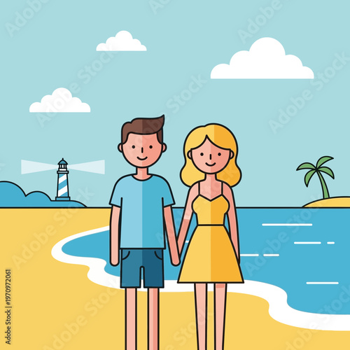Couple holding hands on beach with lighthouse and palm tree