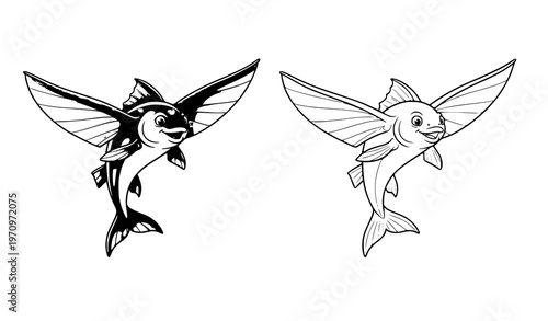 Flying fish cartoon character vector with flat design and line art version isolated on white background
