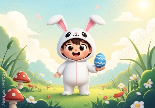 明るい春の背景にウサギの衣装を着た笑顔の子供