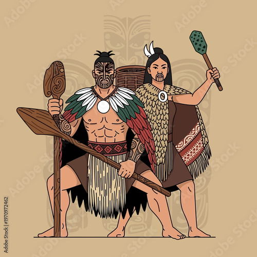Maori Warriors Couple with Paddles and Clubs, Traditional Attire, Ancestral Art Background