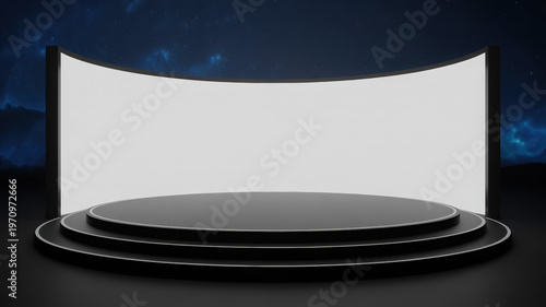 Stage Mockup: Minimalist Curved White Screen on Circular Platform with Starry Night Sky