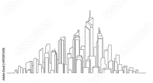 A minimalist line drawing depicts a sprawling cityscape with numerous skyscrapers of varying heights and designs.