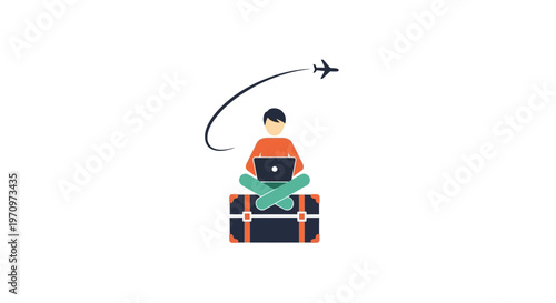 Man sitting on luggage with laptop.