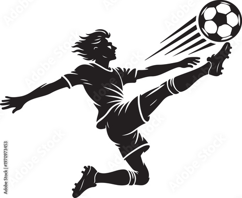 Soccer Player Silhouette in Mid-Air Action Kicking Ball Dynamic Football Athlete Jump Shot Black and White Vector Illustration Isolated on White Background Sports Competition Concept