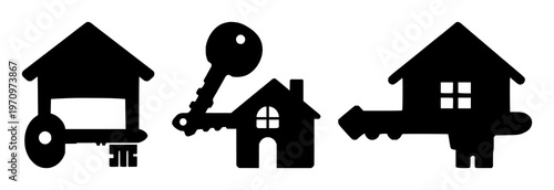 Mortgage key and house icon set with solid black design featuring mortgage key, house symbol, real estate icon with property and financing