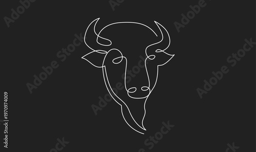 Minimalist Continuous One Line Drawing of Bison or Bull Head on Black Background