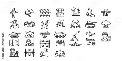 icon liner collection of military and army symbols featuring soldiers, tanks, fighter jets, weapons, combat training, and strategic defense war icons.