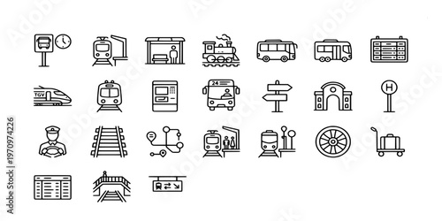 icon liner collection of daily commuter experiences including passengers on trains, waiting at stops, carrying bags, and rushing through city transit.