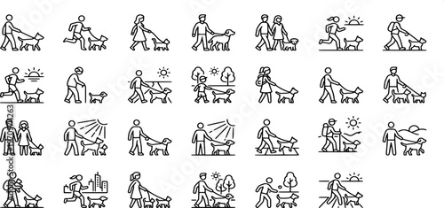 icon liner collection of people walking and running with their dogs in various outdoor settings like parks and city streets.