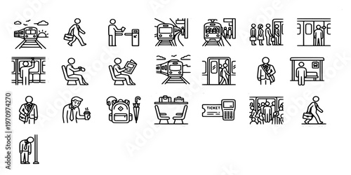 icon liner collection of public transportation elements including trains, bus stops, railway tracks, tickets, and passenger facilities for urban travel.