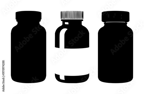 Vitamin supplement bottle icon set with solid black icon on white background featuring health, wellness, nutrition with bottle shape and label