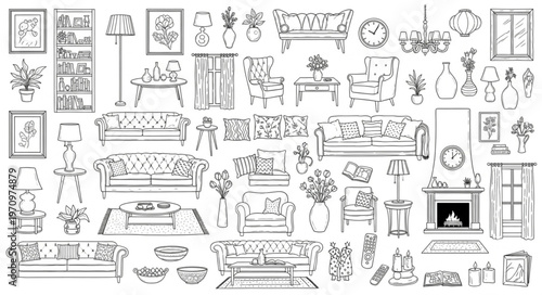 Collection of Hand-Drawn Vintage Furniture and Home Decor Elements.
