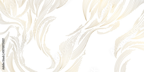 Modern abstract wave oriental pattern, flowing golden lines on white background, Japanese and Chinese design. Elegant vector illustration, clouds, water flow. Luxury packaging, interior design.