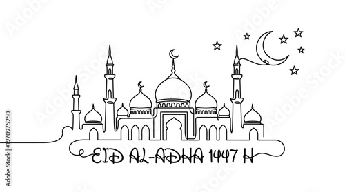Eid Al-Adha celebration occurs at a beautiful mosque with crescent moon and stars in the night sky with a big dome and minarets.
