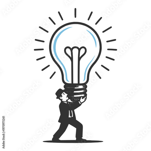 businessman presenting a giant glowing light bulb, innovation, creativity, startup ideas, and business success sketch engraving generative ai fictional character vector illustration. Scratch board.