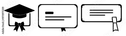 Certificate icon set with bold black line art design featuring diploma, academic, achievements with silhouette and symbol