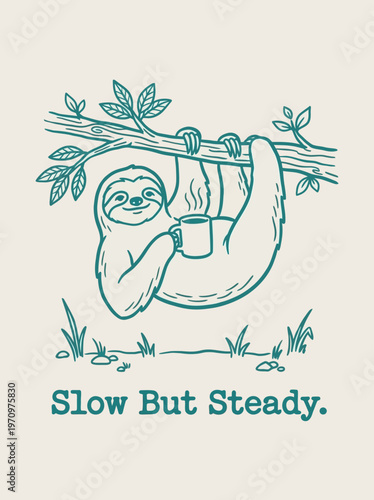 Sloth hanging from a branch smiling.