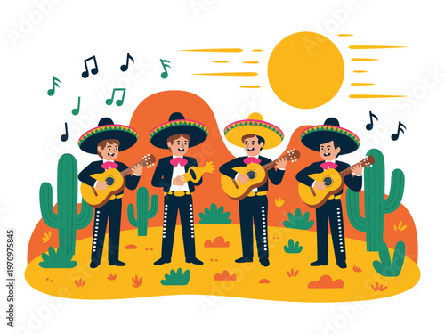 A vibrant illustration of mariachi musicians playing guitars in the desert