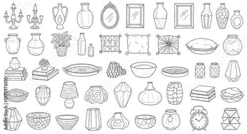 Collection of Hand-Drawn Vintage Vases and Pottery Sketches.