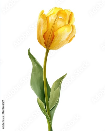 Hand painted yellow tulip in side profile on white