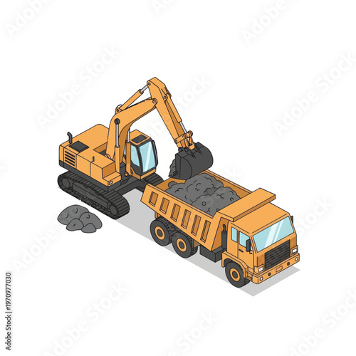 Construction Excavator Loading Dump Truck with Rocks.