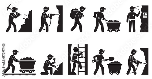 A black and white infographic set depicting miners engaged in various activities such as drilling, digging, and transporting ore in a mine.