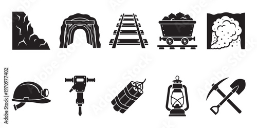 A collection of black and white vector icons representing various mining industry elements, including tools, equipment, and raw materials.