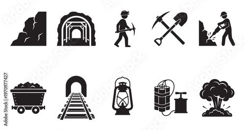 A collection of black silhouette icons representing various aspects of mining, including a mine entrance, miner, tools, and explosion.