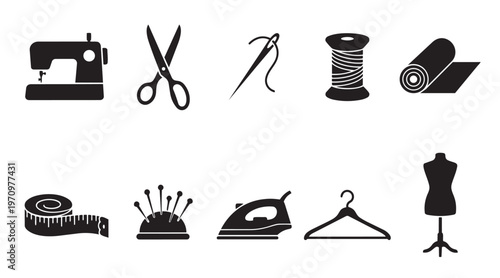 A collection of black silhouette icons representing various sewing and tailoring tools, including a sewing machine, scissors, needle, thread, fabric, tape measure, pins, iron, hanger and mannequin.