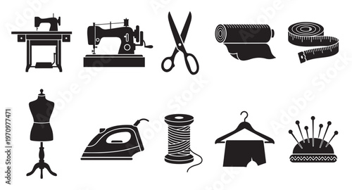 This collection of black silhouette icons showcases various sewing tools on a white background, perfect for design projects related to tailoring and fashion.