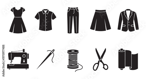 A collection of black silhouette icons depicting various clothing items and sewing tools, presented on a clean white background.