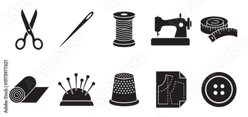 A black and white graphic collection of essential sewing tools and notions, presented in a clean, minimalist icon style on a white background.
