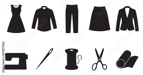 A clean silhouette set of clothing items and sewing tools arranged on a white background, ideal for fashion or craft concepts.