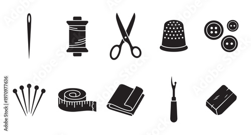 A clean, graphic collection of black silhouette icons representing various sewing tools on a white background, perfect for crafts and design.