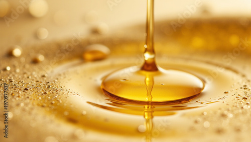 Golden cosmetic serum drop with ripple, luxury skincare oil macro background