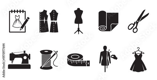 A collection of black silhouette icons representing various aspects of fashion design, including drawing, patterns, sewing, and tailoring for apparel creation.